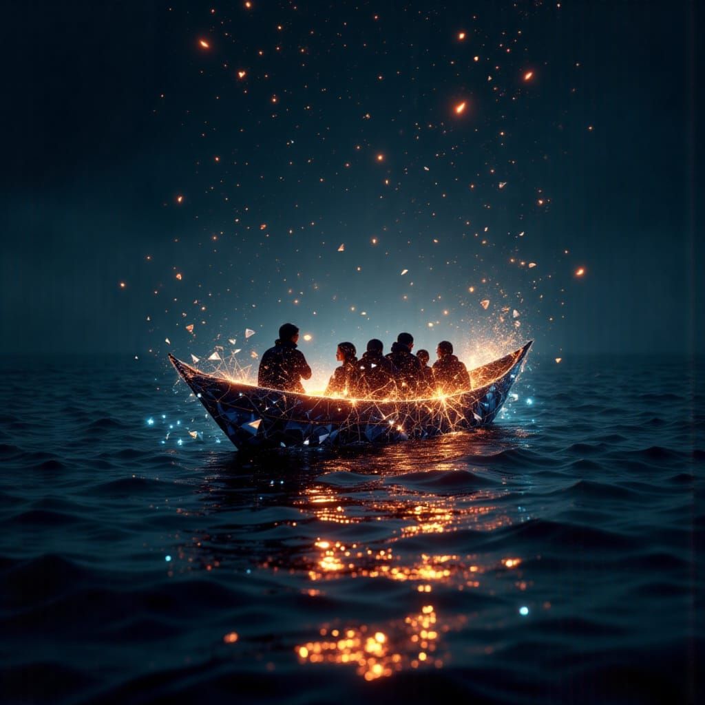 Fragile Glass Boat Drifting on Dark Sea