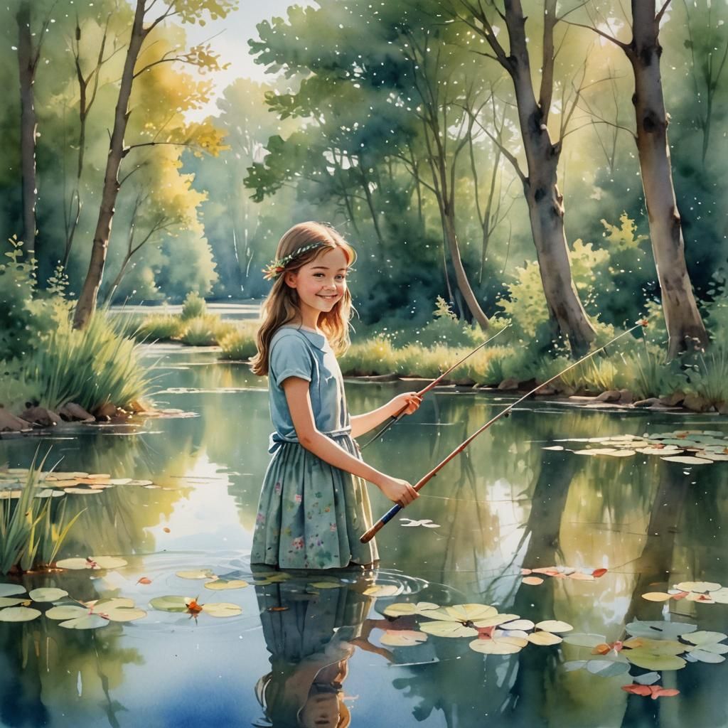 Whimsical Watercolor of a Young Girl Fishing by a Serene Pon...