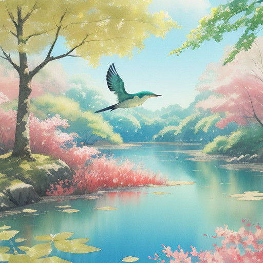 Whimsical Bird in Flight, Dreamy Watercolor Style