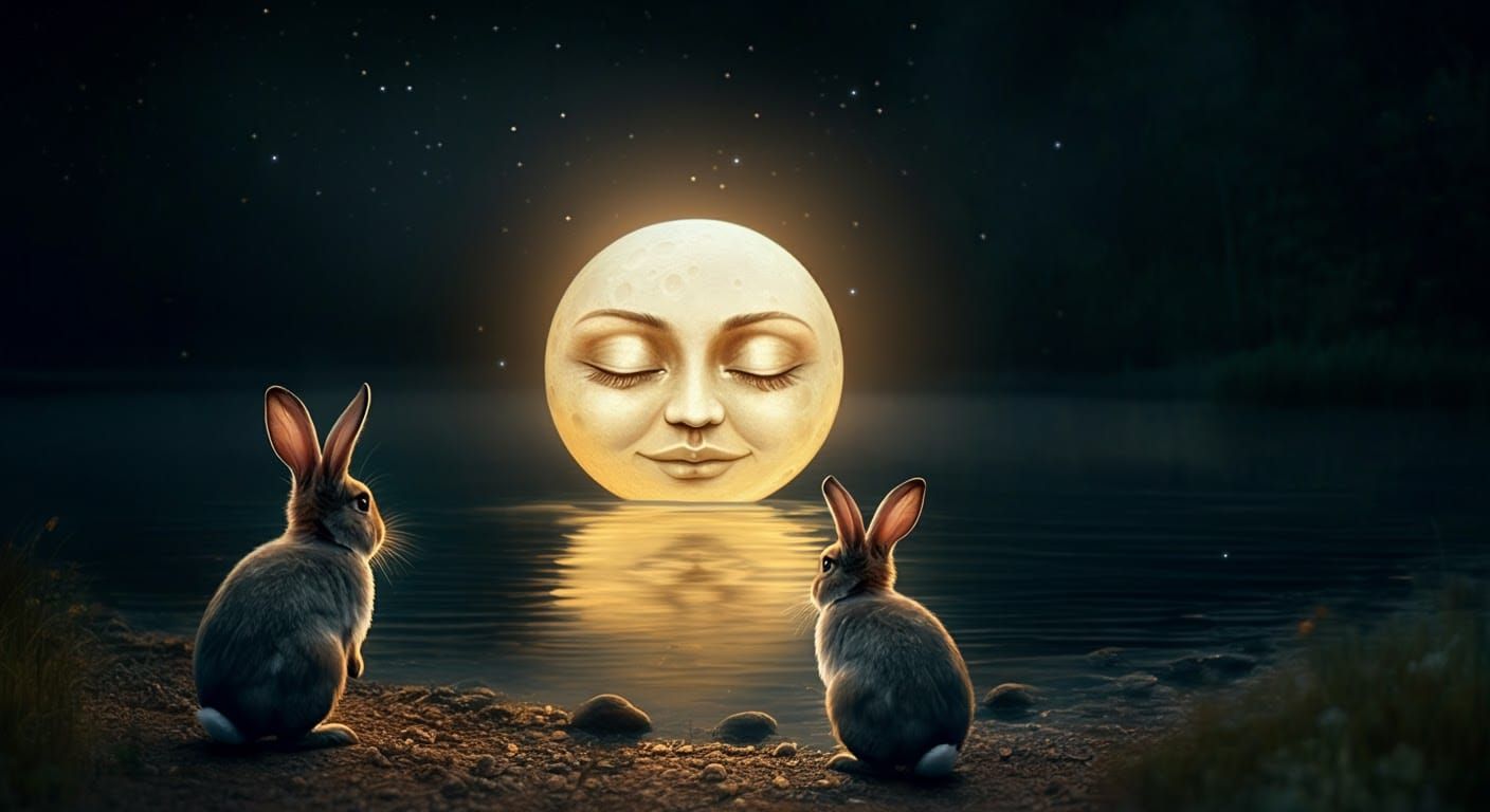 Magical Moonlit Lake Scene with Rabbits