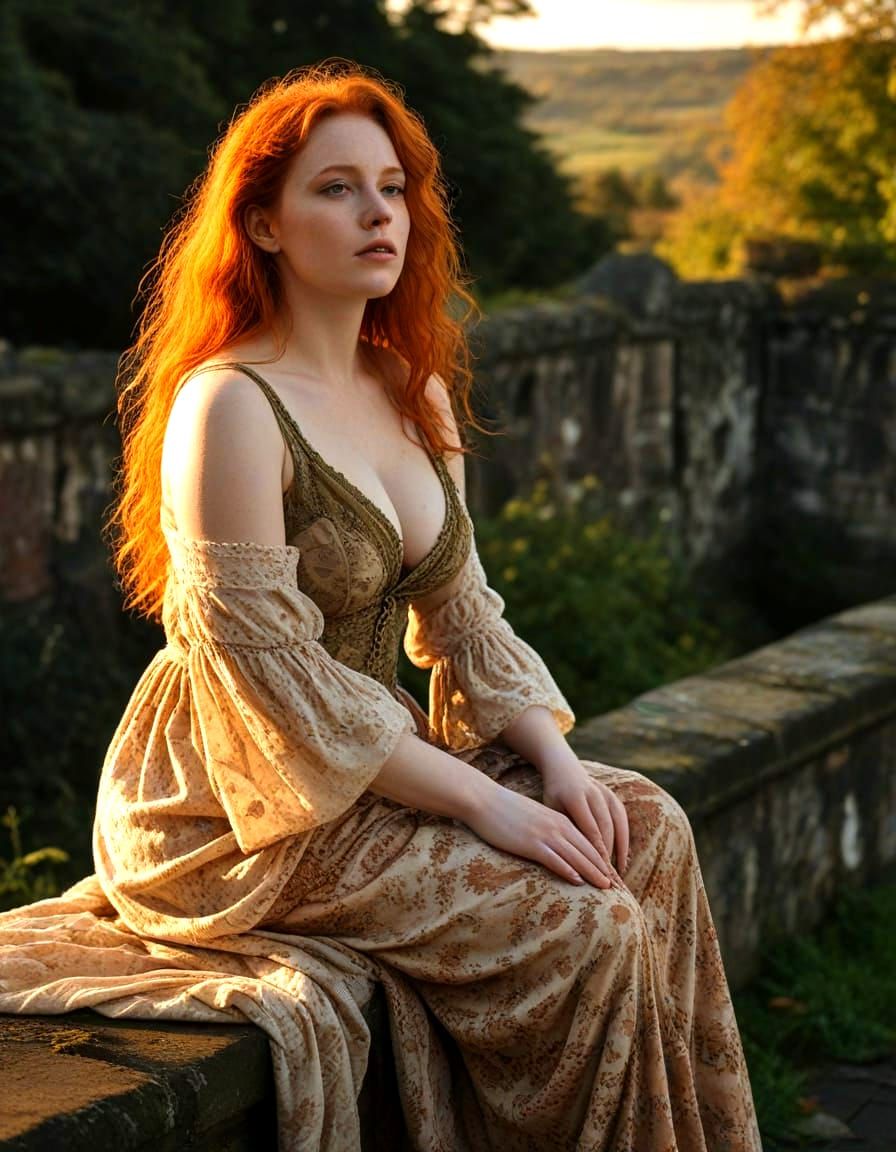 A Scottish Redhead Seated on a Ruined Parapet in Seductive N...