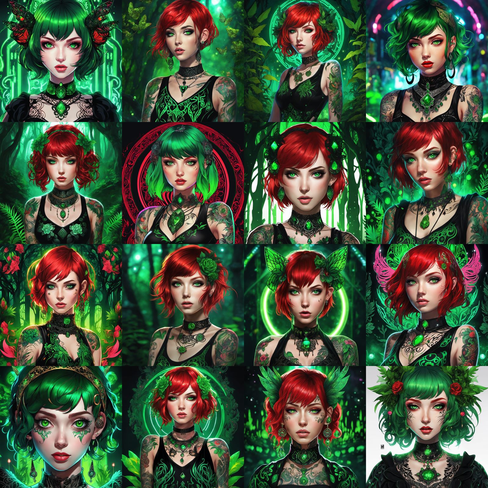 Anime Raver Goth Girl Portrait in Neon Forest