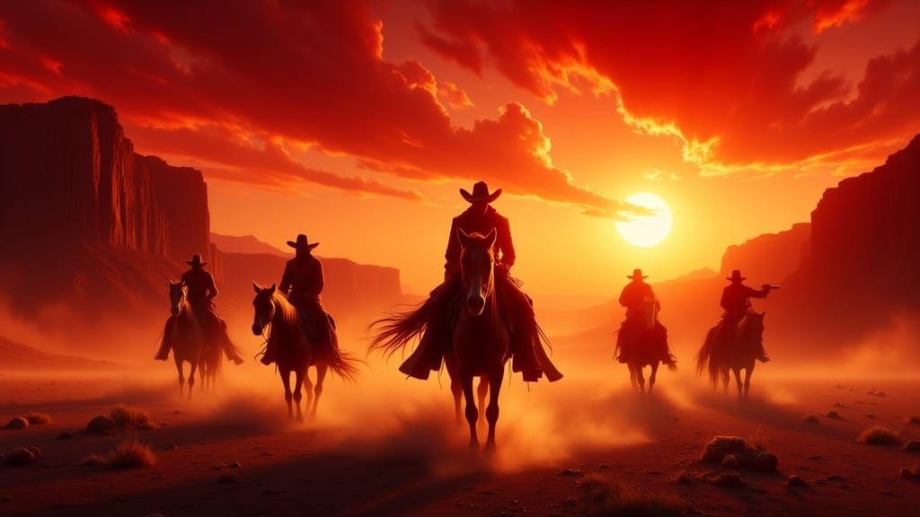 Lone Cowboy Rides Through Fiery Desert Sunset