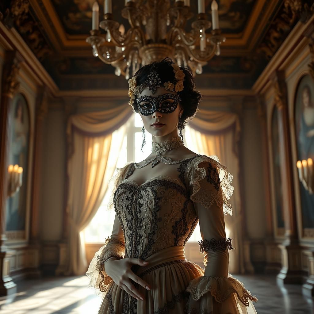 Elegant Woman at Masquerade Ball in Ornate Attire