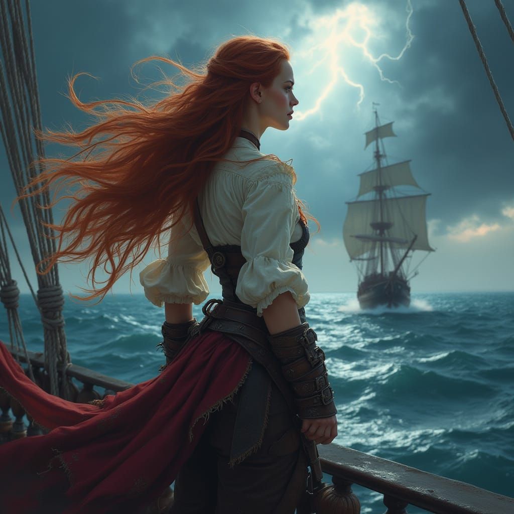 Pirate Queen Surveys Stormy Horizon in Detailed Matte Painti...