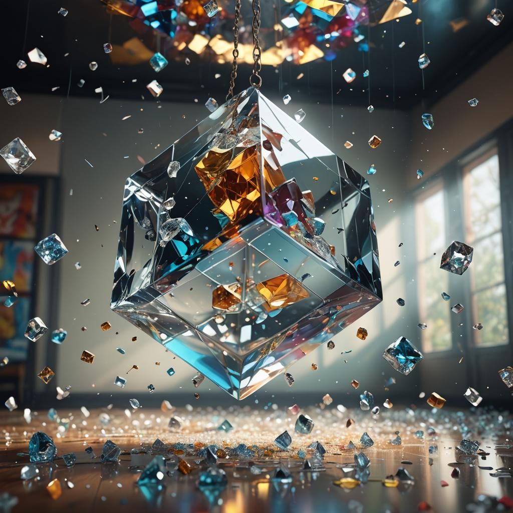 Hyperrealistic Glass Cube Shatters, Diamonds Explode