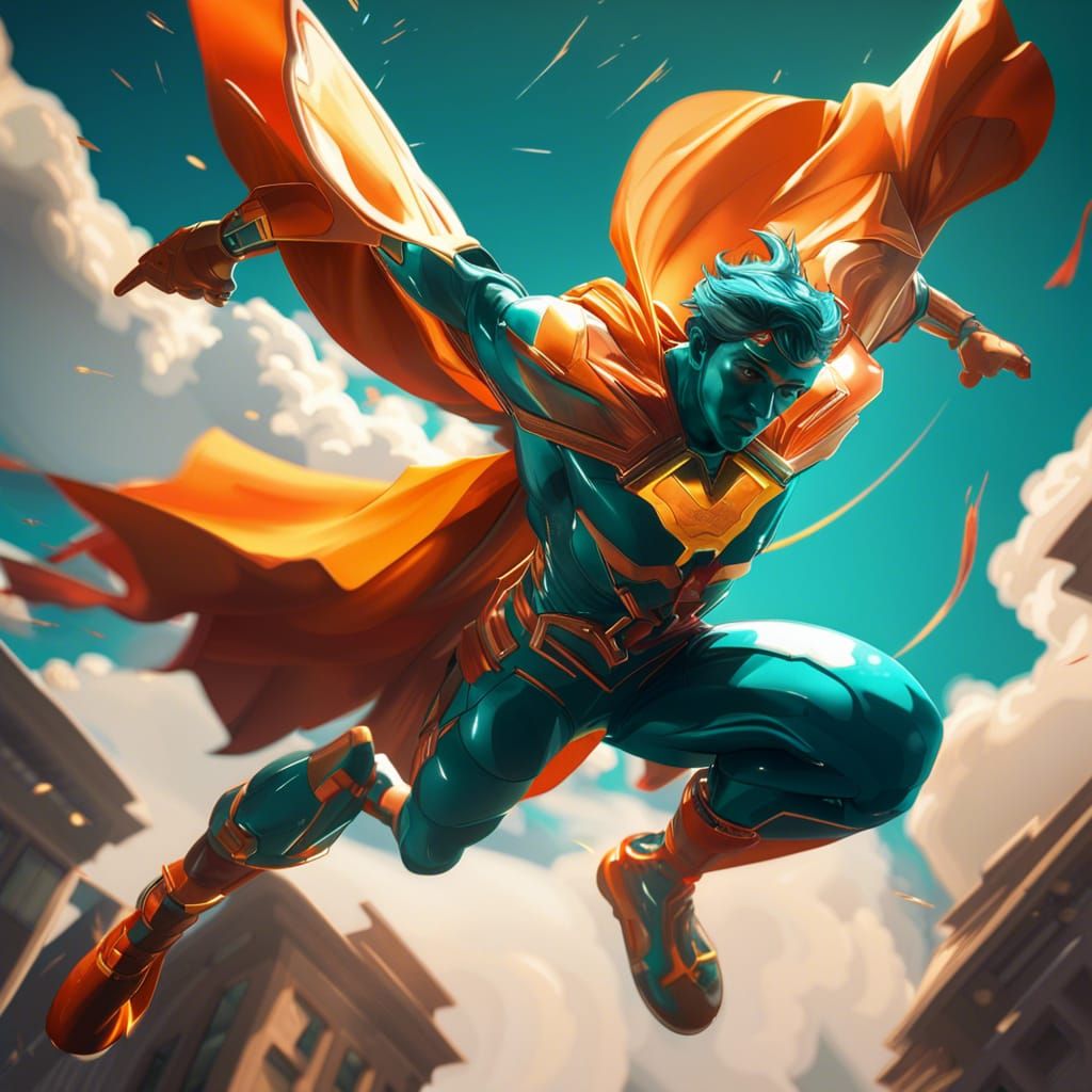 Superhero Flies in Sky: Dynamic Lighting Concept Art