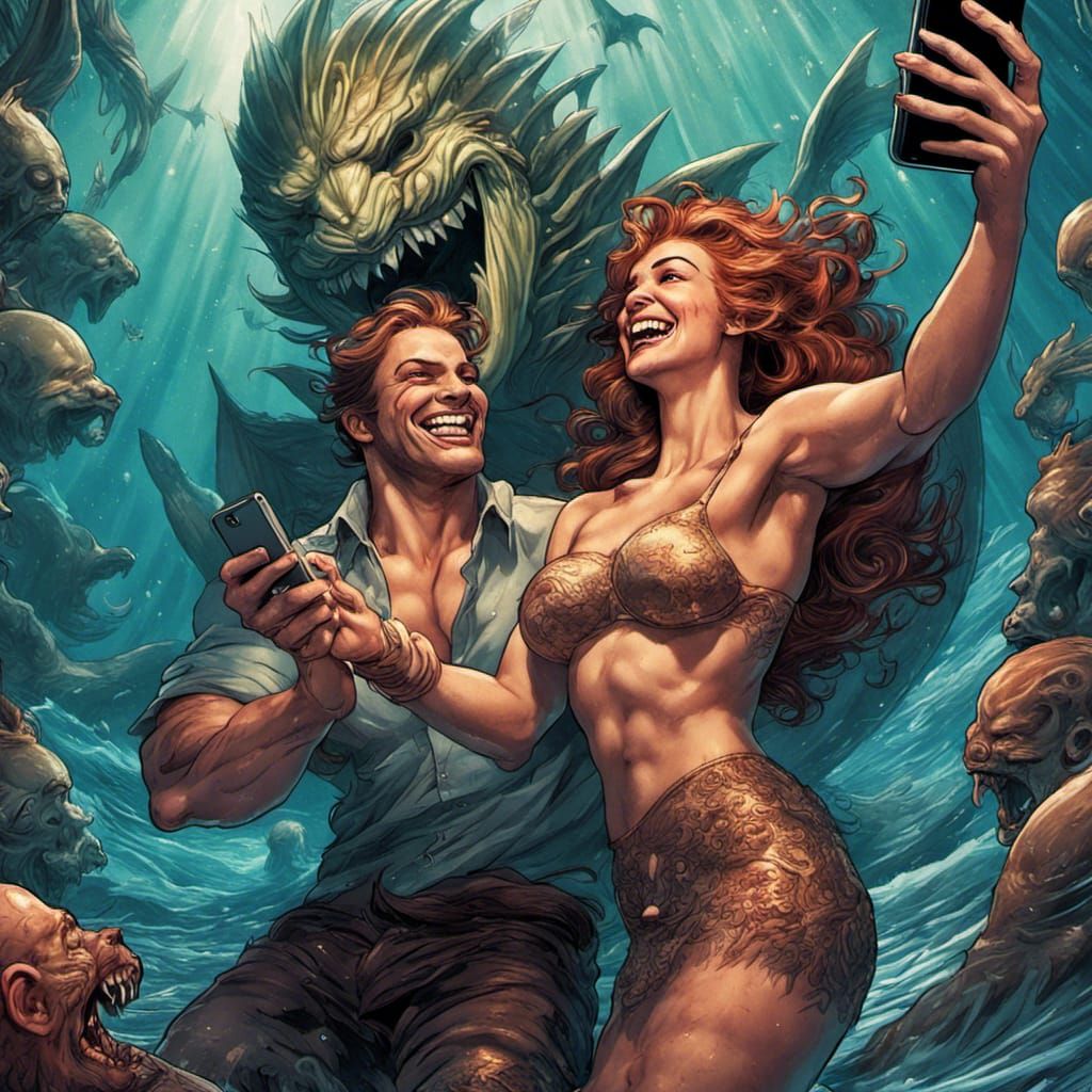Selfie with Merman in Comic Book Style