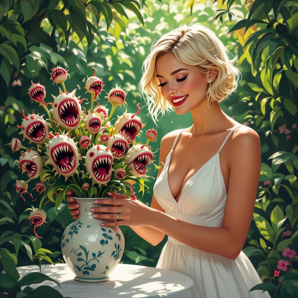 Woman Tending Toothy Flowers in Lush Garden