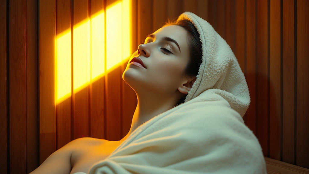 Woman Relaxing in Sauna With Golden Light