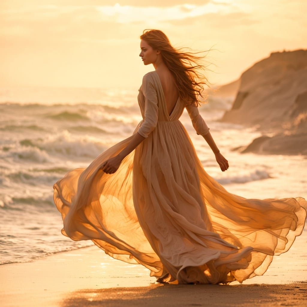 Young Woman Strolls Along Seaside Shore in Polish Impression...