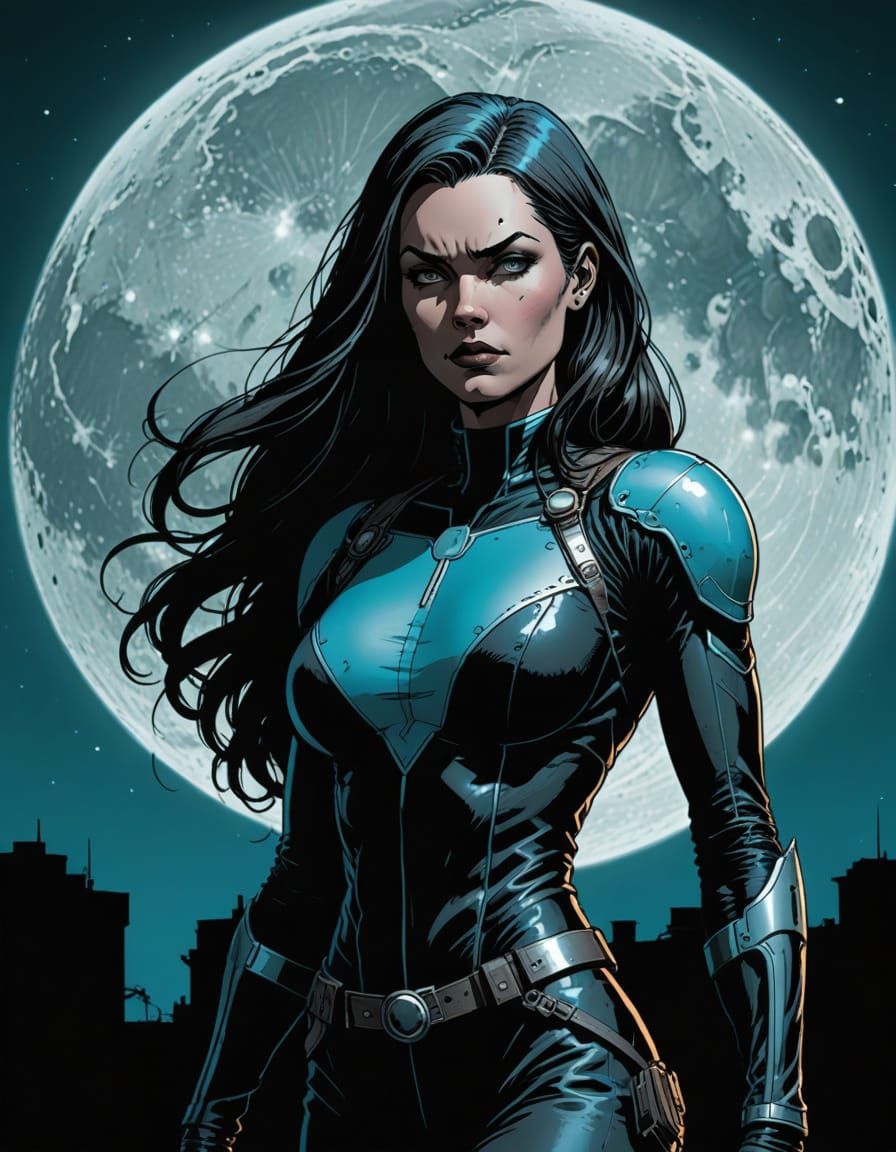 Confident Woman Under the Full Moon in Comic Book Style