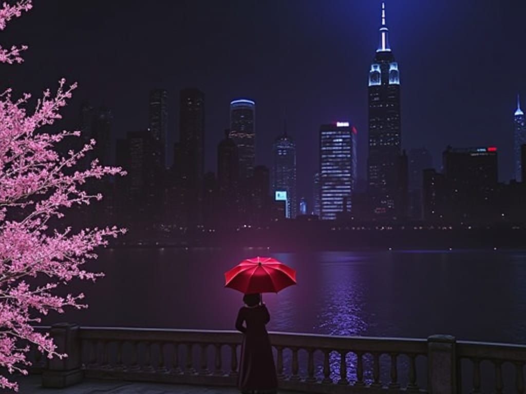 Mysterious Woman on Foggy NYC Bridge in Black and White