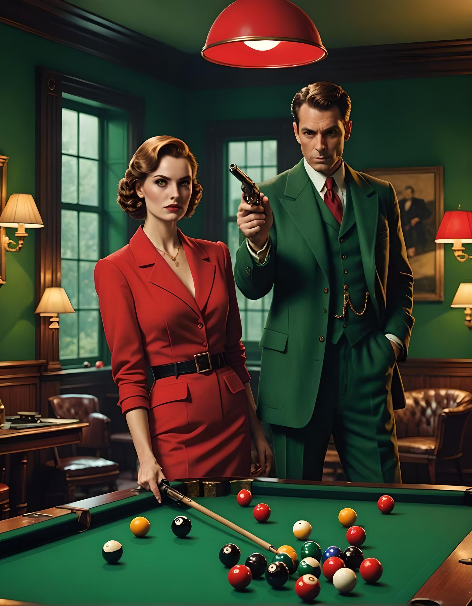 Miss Scarlet and Mr. Green in the Billiards Room with the Revolver (Clue)
