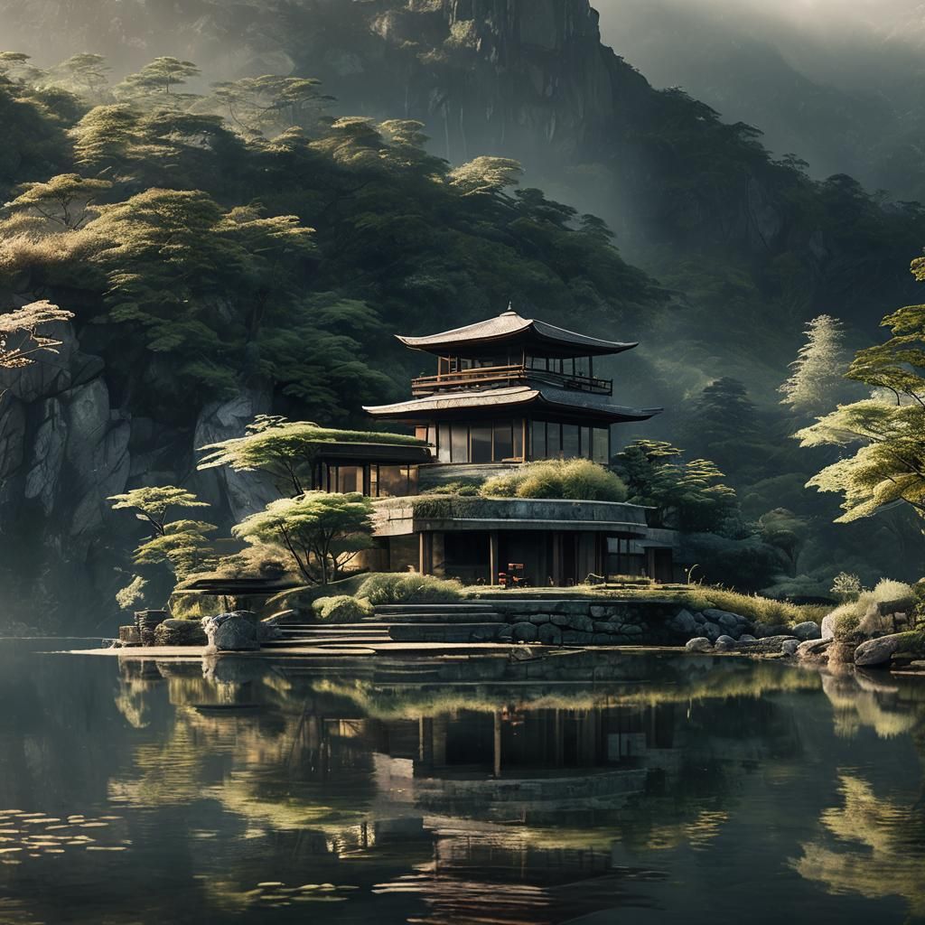 Stone Pavilion on Mountain Lake: Minimalist Architecture