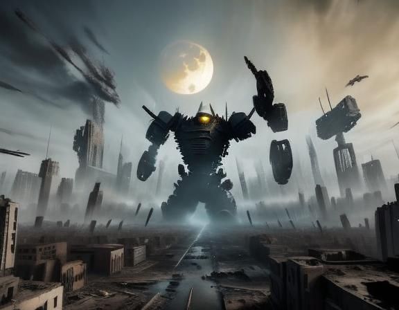 Urban Desolation: Moonlit Flames Engulf City