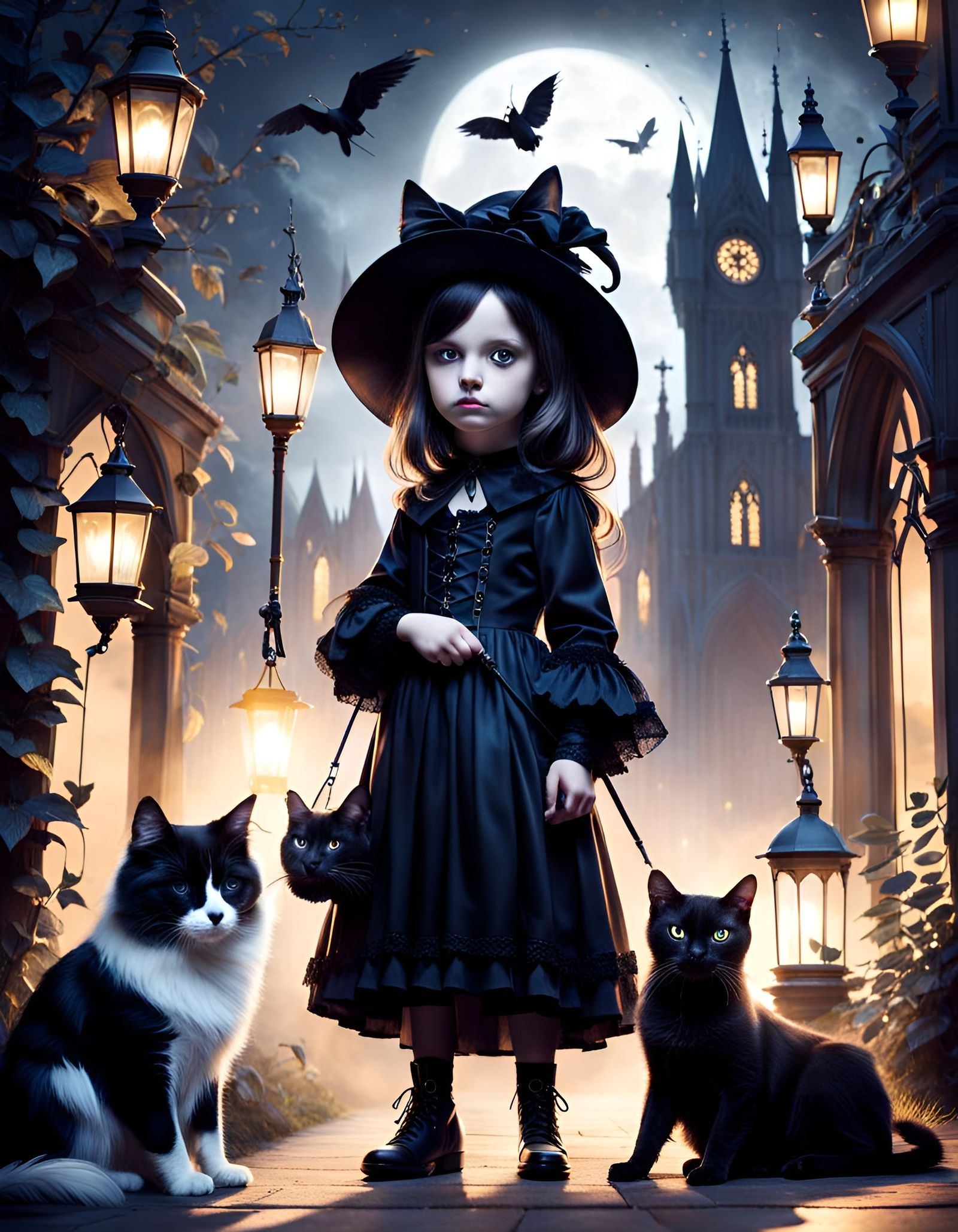 Mysterious Gothic Girl with Cat