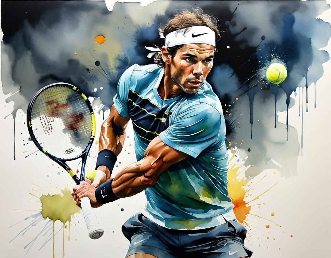 Watercolor Portrait of Tennis Player About to Strike