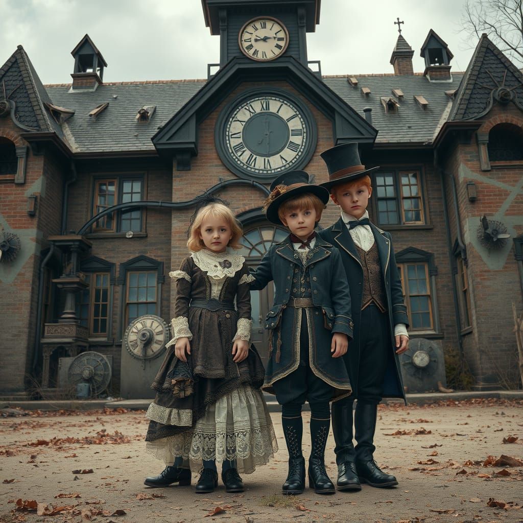 Steampunk Children at Ruined School, Victorian Style