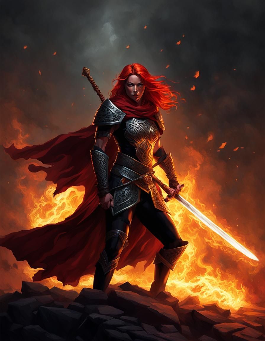 Celtic Warrior with Flaming Sword in Shadow