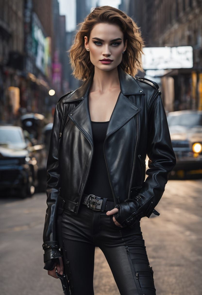 Cyberpunk Rockstar Goddess in Dark Leather and Black Satin
