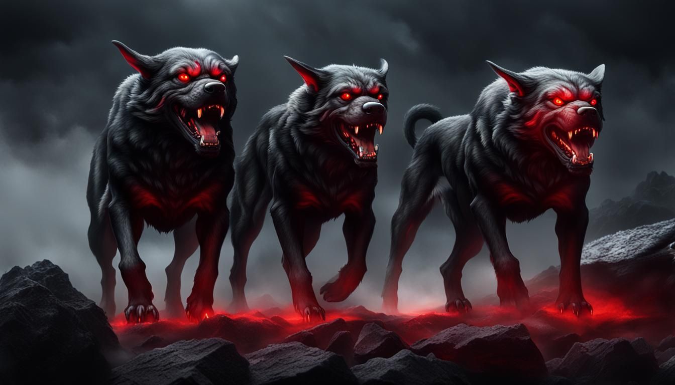 Photorealistic, hyper realistic. 
Cerberus three headed dog....