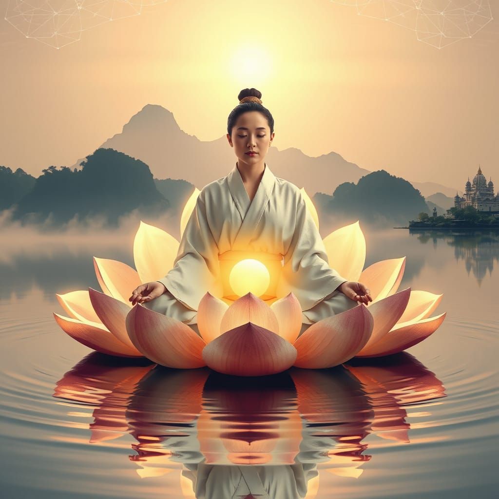 Meditating Woman in Lotus Flower at Dawn