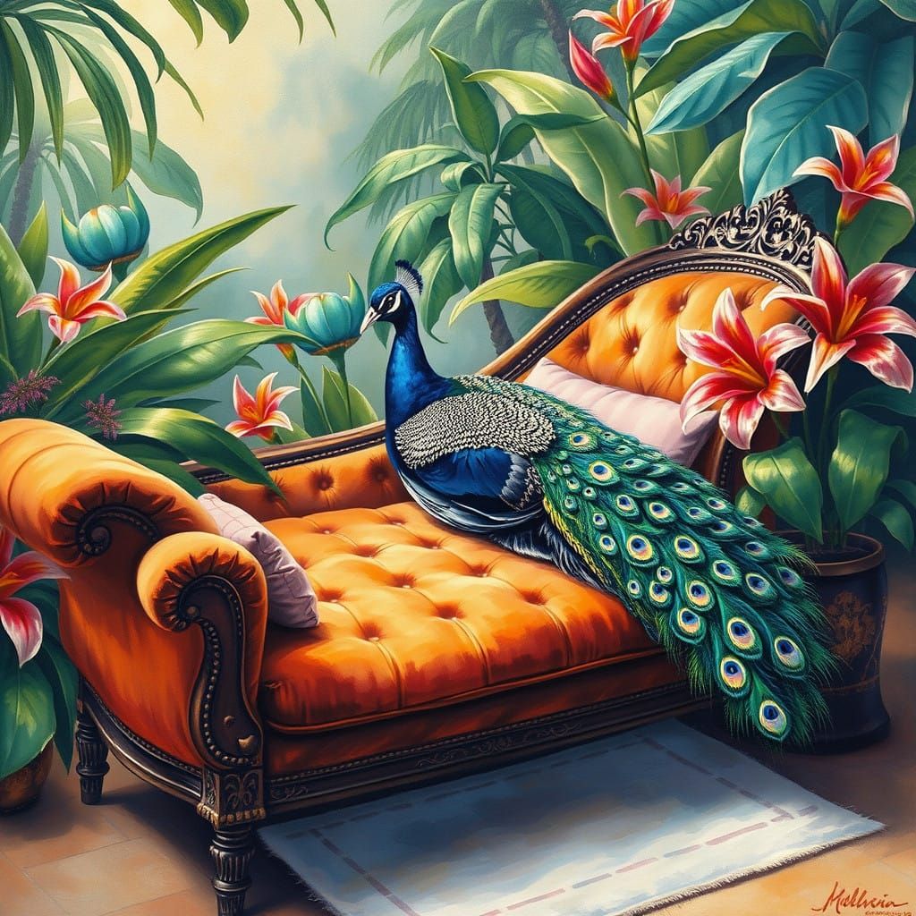 Impressionist Peacock in a Tropical Oasis