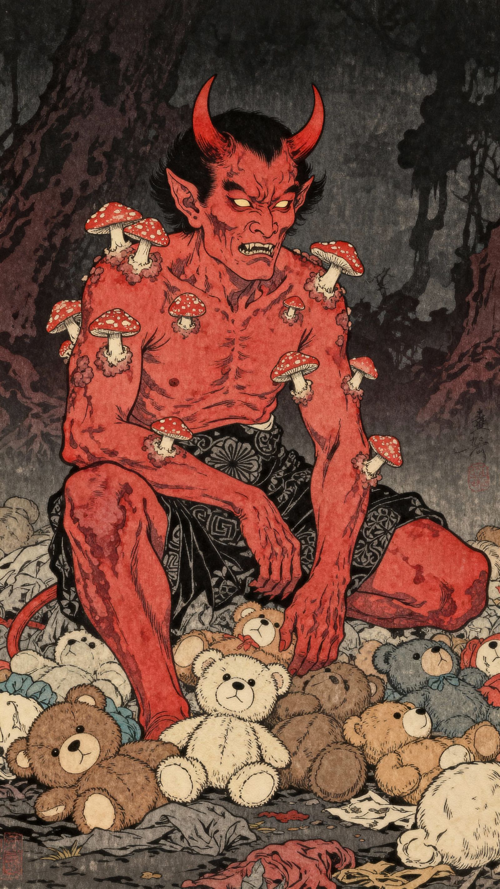 Grotesque Devil with Mushroom Growths in Ukiyo-e Style