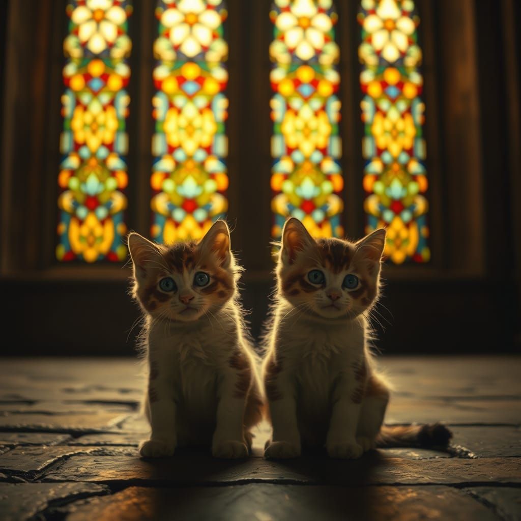 Kittens Admire Stained Glass Window, Cinematic Lighting