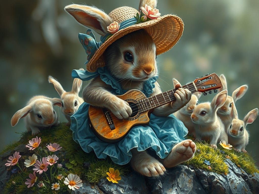 Bunny Guitarist in Whimsical Oil Painting
