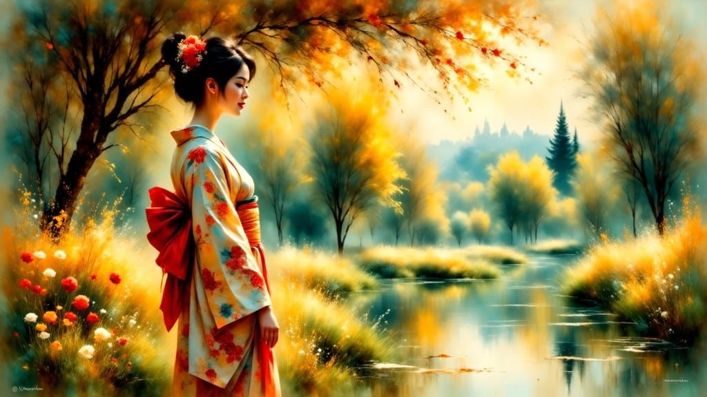 Japanese Woman in Blooming Garden, Impressionist Style