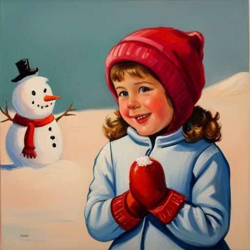 Cartoon Oil Painting of a Girl in Winter
