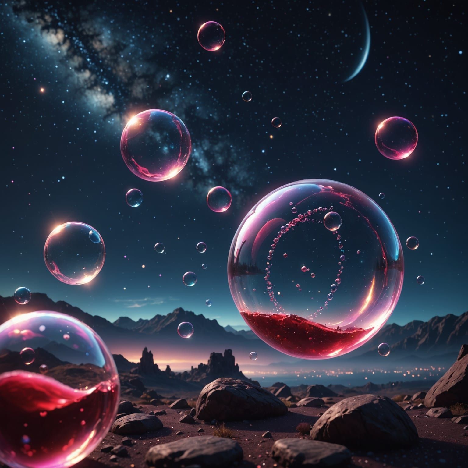 Whirling Celestial Bubbles in Deep Night Sky Fantasy Art