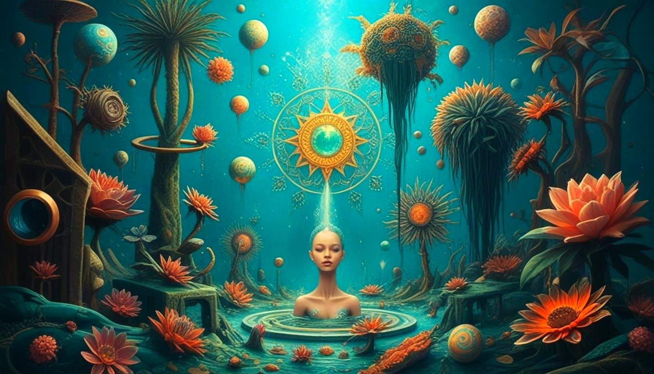 Teal Surreal Dreamscape with Plant Mandalas