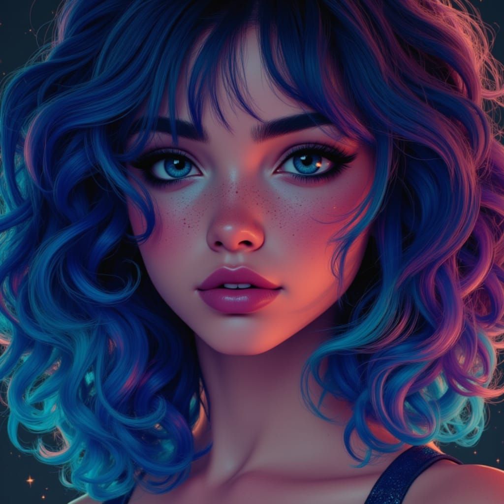 Cell-Shaded Woman with Rainbow Hair and Iridescent Gown