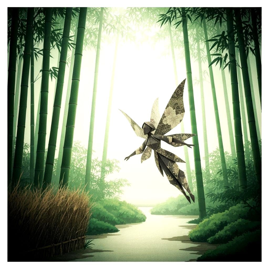 Origami Paper Fairy in Bamboo Forest, Woodblock Print Style