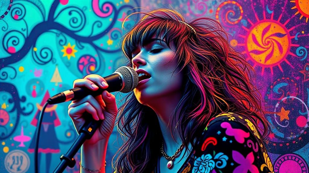 Psychedelic Rock Goddess in Whimsical Wonderland