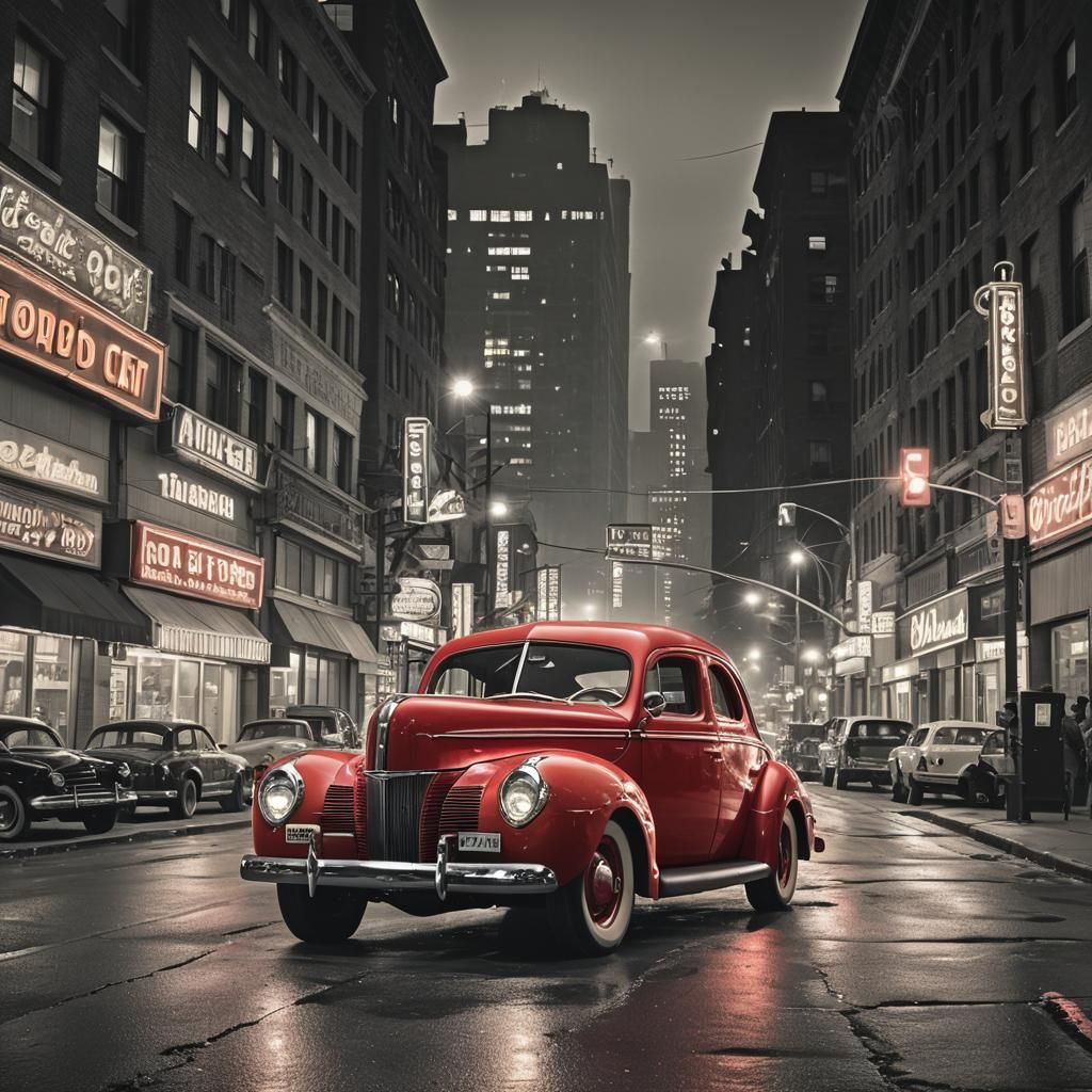 1940s Ford on Neon-Lit City Street