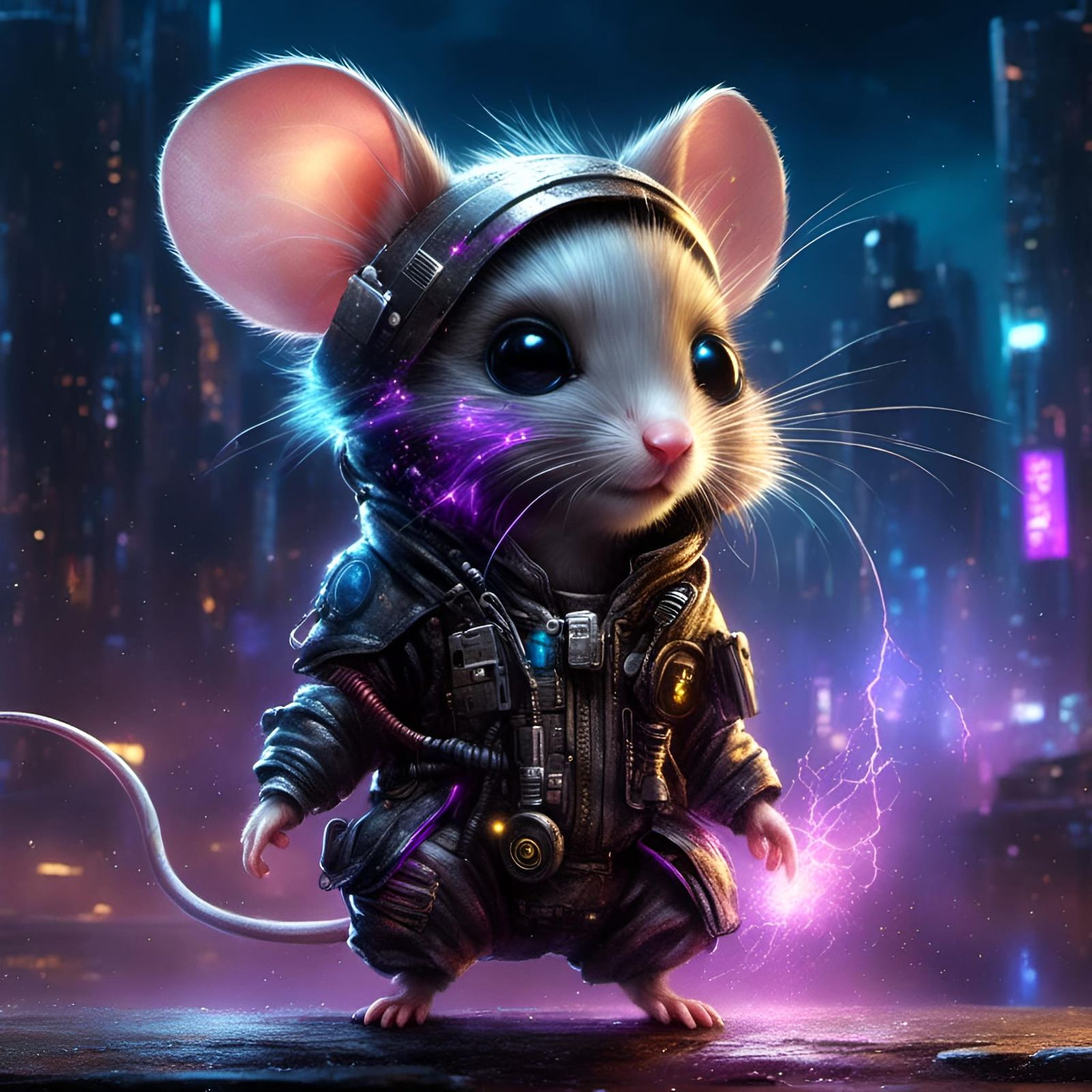 Cute Cyborg Mouse in Cyberpunk Cityscape