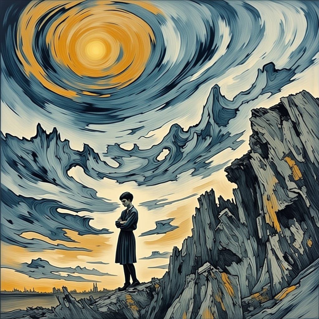 A contemplative figure stands amidst a vast, mysterious land...