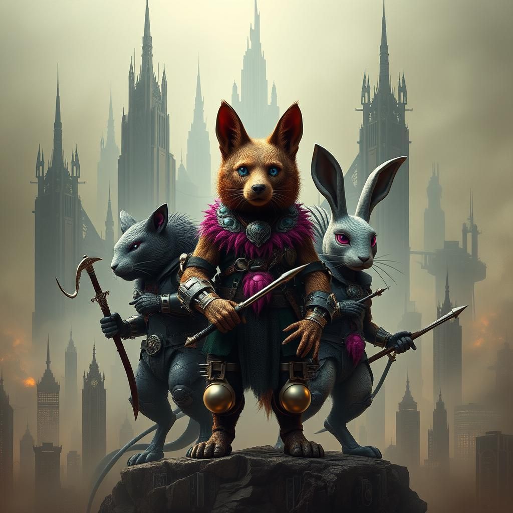 Cybernetic Animal Hybrids in Dystopian Art Deco Cityscape