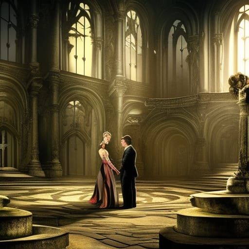 Romantic Waltz in Dark Castle: Cinematic Digital Art