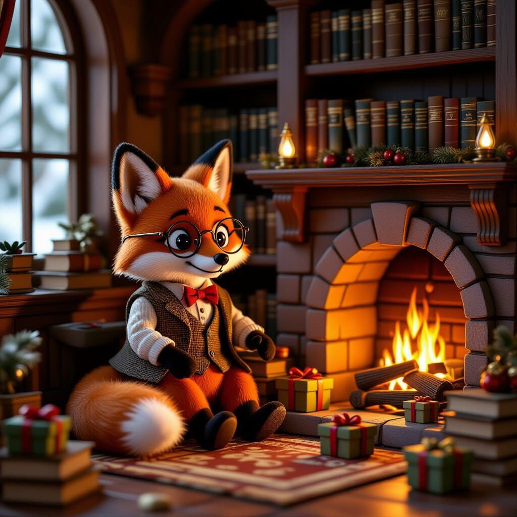 Wise Fox in Library by Fireplace, Cozy Christmas Fantasy