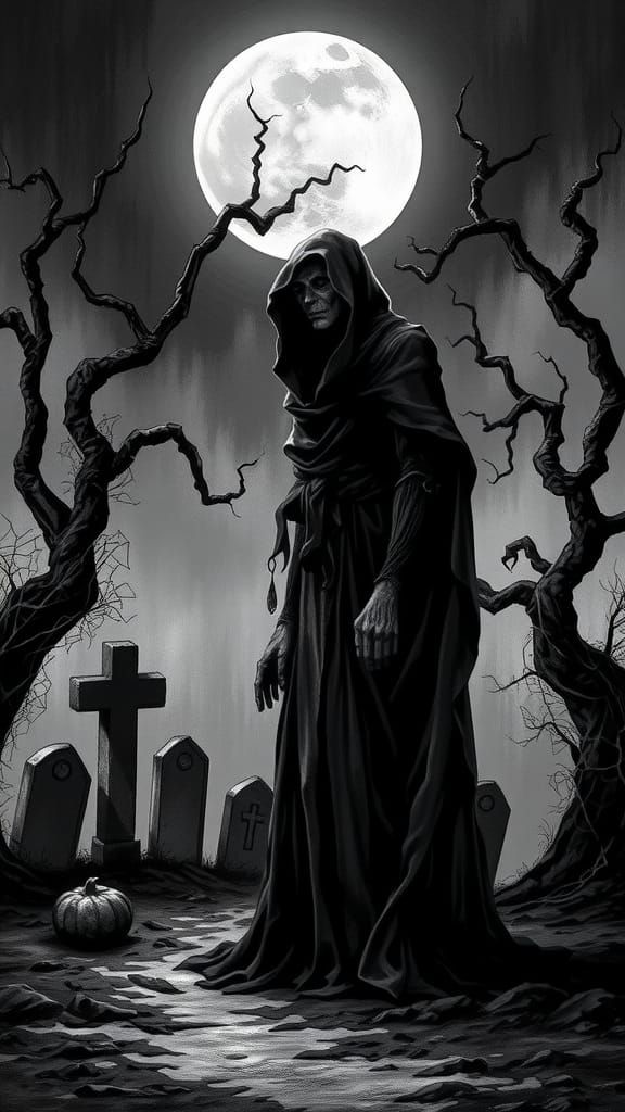 Eerie Ghostly Figure in Black and White Halloween Landscape