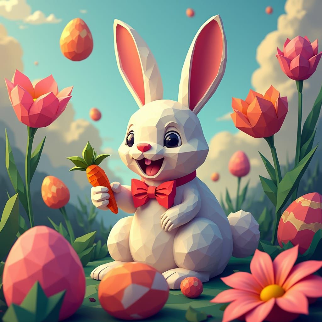 Easter Bunny in Vibrant, Geometric Art Deco Landscape