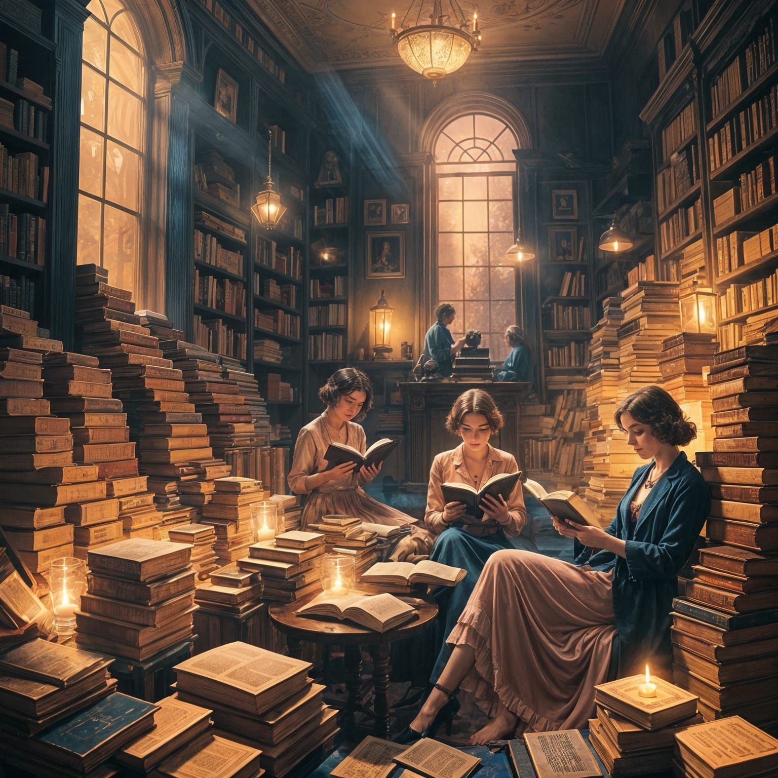 Chiaroscuro Scene of Women Writing in 1920s Style