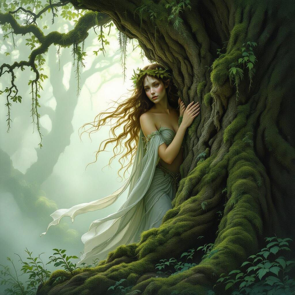 Dreamy Wood Nymph Peeking from Mossy Tree