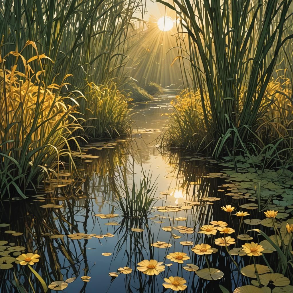 Sunlit River Reeds in Comic Book Style