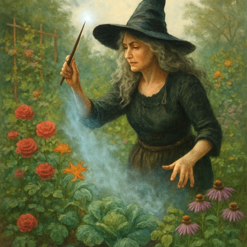 Witch Tending Magical Garden with Wand